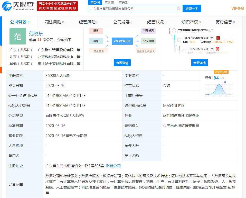 群星玩具计划投资36亿元在大湾区设立子公司围绕数字经济产业进行扩张